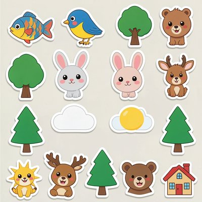 Zestaw naklejek: zwierzątka, drzewa, domy