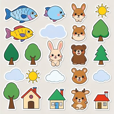 Zestaw naklejek: zwierzątka, drzewa, domy
