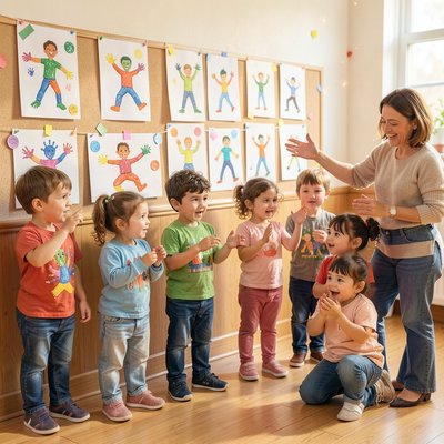 Scena prezentacji prac — wystawa dziecięca