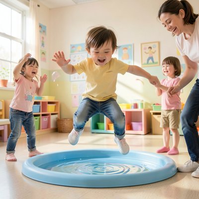 Przeskok przez kałużę — dziecko w akcji