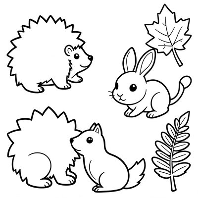 Arkusz kolorowanki — Zwierzątka i liście (prosty kontur)