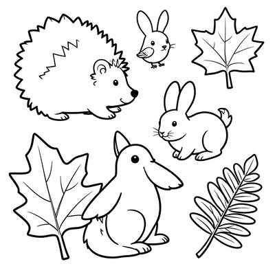 Arkusz kolorowanki — Zwierzątka i liście (prosty kontur)