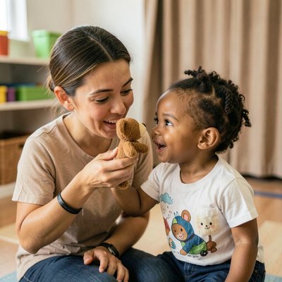 Scena inscenizacji z kukiełką (opiekun i dziecko)