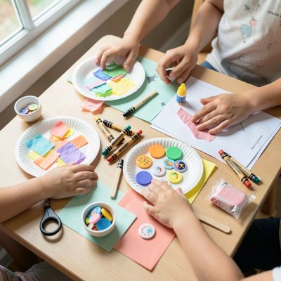 Zestawy materiałów na stolikach