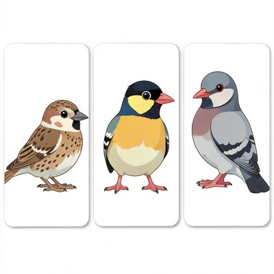 Zdjęcia przykładowych ptaków (wróbel, sikorka, gołąb)