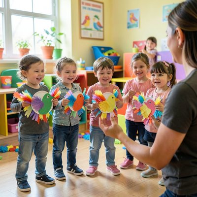 Zdjęcie: dzieci machające papierowymi ptaszkami