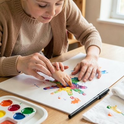 Praca plastyczna — odcisk dłoni jako ptaszek (proces)