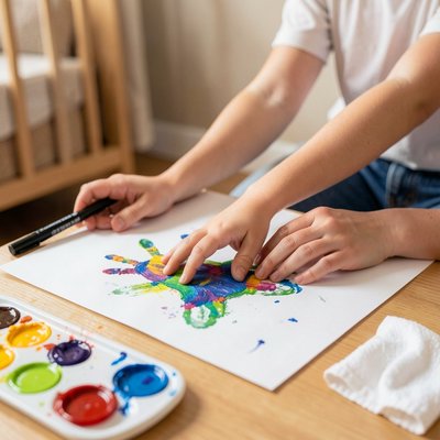 Praca plastyczna — odcisk dłoni jako ptaszek (proces)