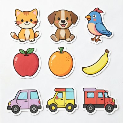 Arkusz naklejek – zwierzątka, owoce, pojazdy