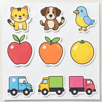 Arkusz naklejek – zwierzątka, owoce, pojazdy