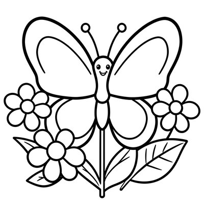 Kolorowanka — motyl i kwiaty (prosty rysunek)