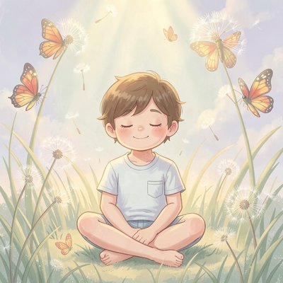 Podróż wyobraźni — miękka łąka i motyle (ilustracja)