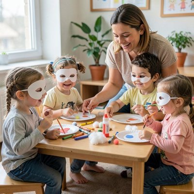 Dzieci tworzące maski przy stoliku (grupa 2–3 latków)