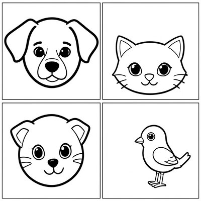 Kolorowanka: kontury talerzykowych zwierzątek (pies, kot, ptak)