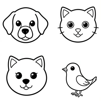 Kolorowanka: kontury talerzykowych zwierzątek (pies, kot, ptak)