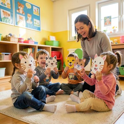 Prezentacja prac w kole — dzieci pokazują maski