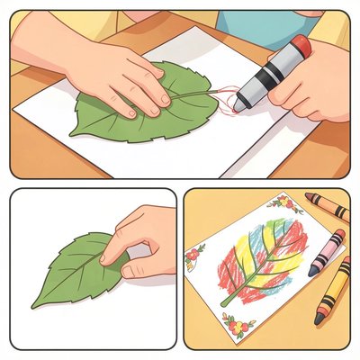 Ilustracja krok po kroku: pocieranie liścia (leaf rubbing)