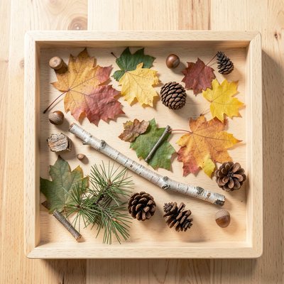 Zdjęcie tacy sensorycznej: liście, kora, szyszki