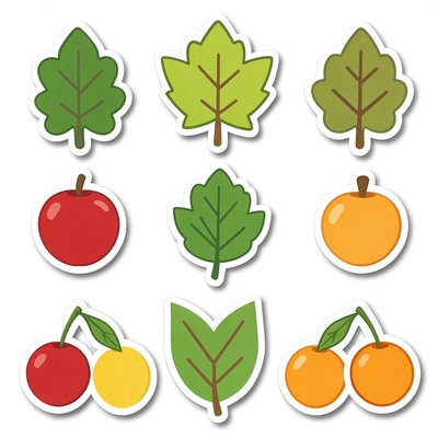 Arkusz naklejek: liście i owoce