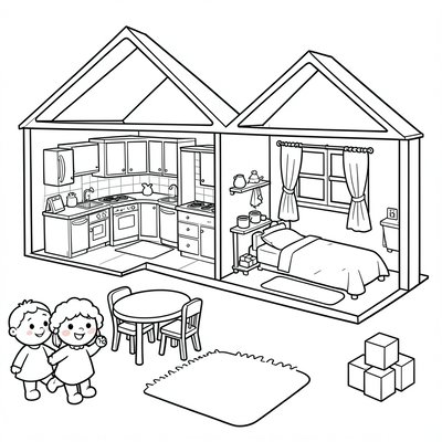 Kolorowanka — Domki i postacie