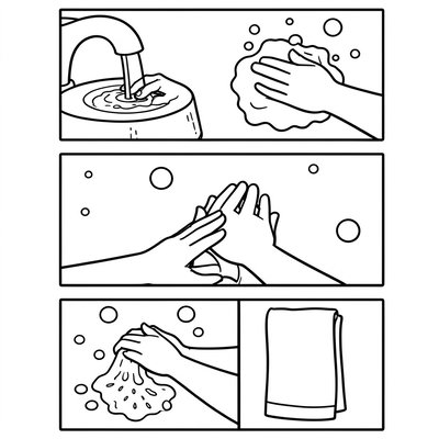 Kolorowanka: Mycie rąk — kroki