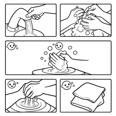 Kolorowanka: Mycie rąk — kroki