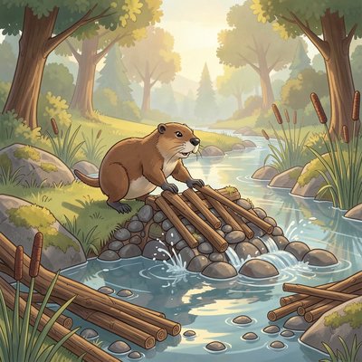 Ilustracja: Bóbr buduje tamę (scena opowieści)