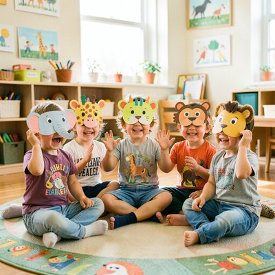 Dzieci w kole z maskami — pożegnanie