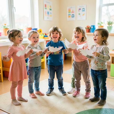 Zabawa ruchowa: dzieci machają skrzydłami