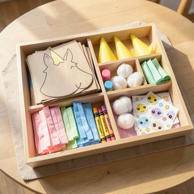 Zdjęcie referencyjne materiałów na tacce — przygotowanie stołu