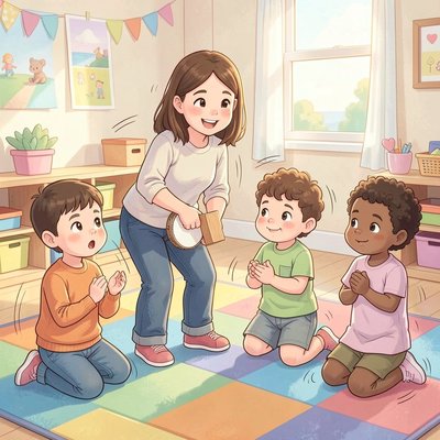 Scena zabawy rytmicznej: 'Słuchaj i powtórz'