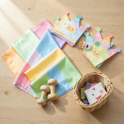 Zestaw rekwizytów — flatlay (apaszki, grzechotki, korony)