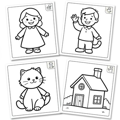 Kolorowanki: proste obrazki (mama, tata, kot, dom)