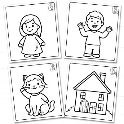 Kolorowanki: proste obrazki (mama, tata, kot, dom)