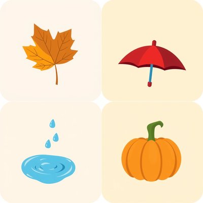 Karty obrazkowe - motywy jesienne (liść, parasol, kałuża, dynia)