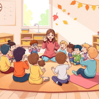 Scena: Dzieci w kole śpiewają powitanie