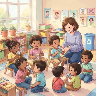 Ilustracja sceniczna: Dzieci bawią się telefonami z kubków