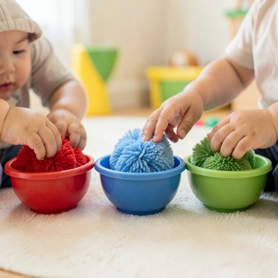 Małe miseczki i kolorowe pomponiki