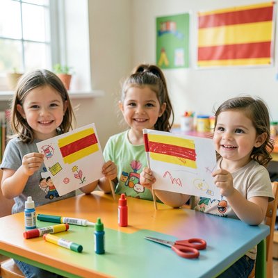 Fotorealistyczne zdjęcie: dzieci z gotowymi mini‑flagami