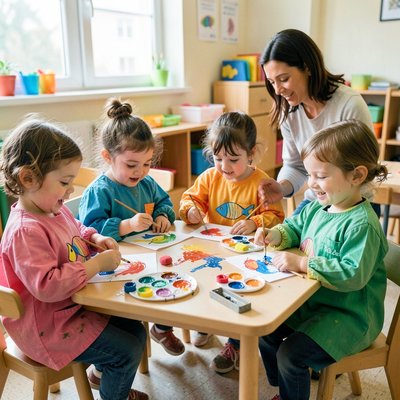 Dzieci malujące rybki