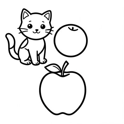 Strona do kolorowania — Cat, Ball, Apple
