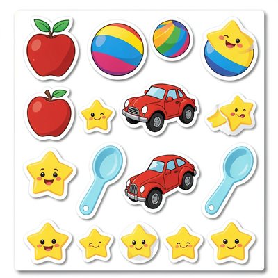 Arkusz naklejek: owoce i zabawki