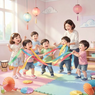 Ilustracja: zajęcia taneczne — dzieci z wstążkami (scena klasowa)