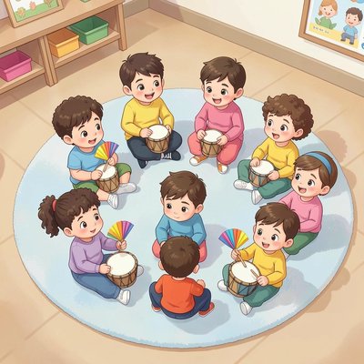 Ilustracja: krąg z bębenkami i chusteczkami