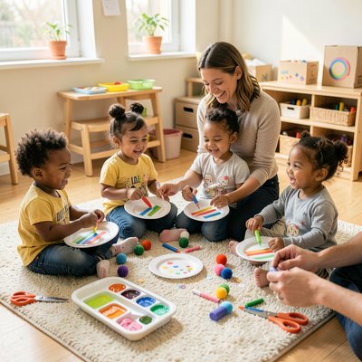 Scena zajęć — dzieci tworzą rakietki w kole