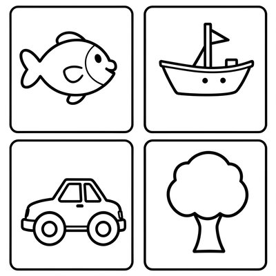 Karty obrazkowe – rybka, statek, samochód, drzewko (szablony)