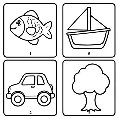 Karty obrazkowe – rybka, statek, samochód, drzewko (szablony)