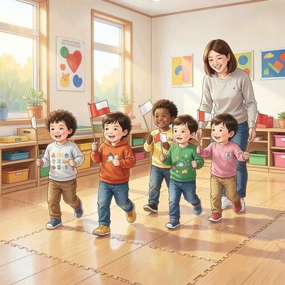 Dzieci maszerują z flagami - scena ruchowa