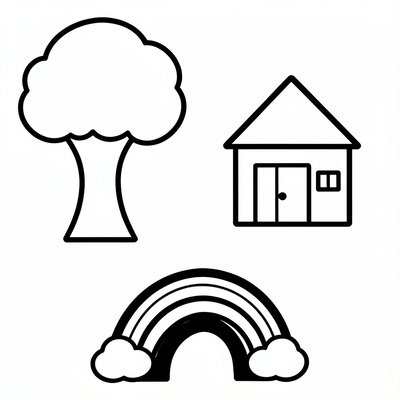 Kolorowanka — proste wzory: drzewo, domek, tęcza