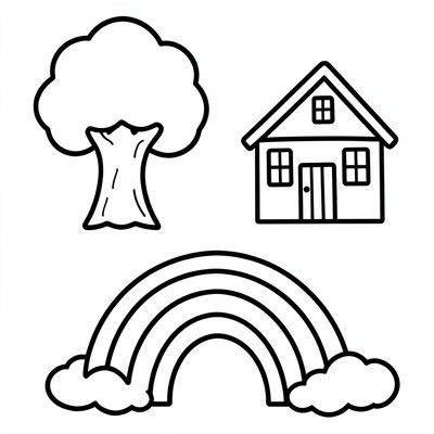 Kolorowanka — proste wzory: drzewo, domek, tęcza